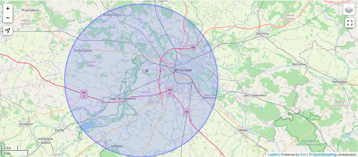 Mapa obszaru dostaw: Wrocław i okolice